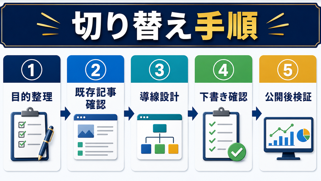 目的整理から既存記事確認と導線設計と下書き確認と公開後検証までの手順図