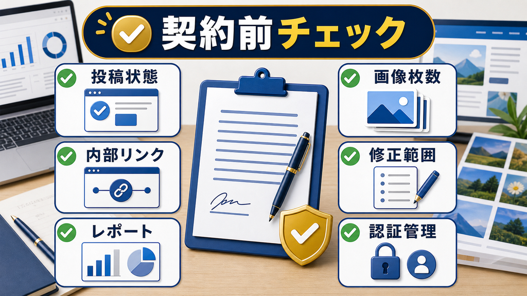 投稿状態や画像枚数や内部リンクや認証管理など契約前確認項目の図解
