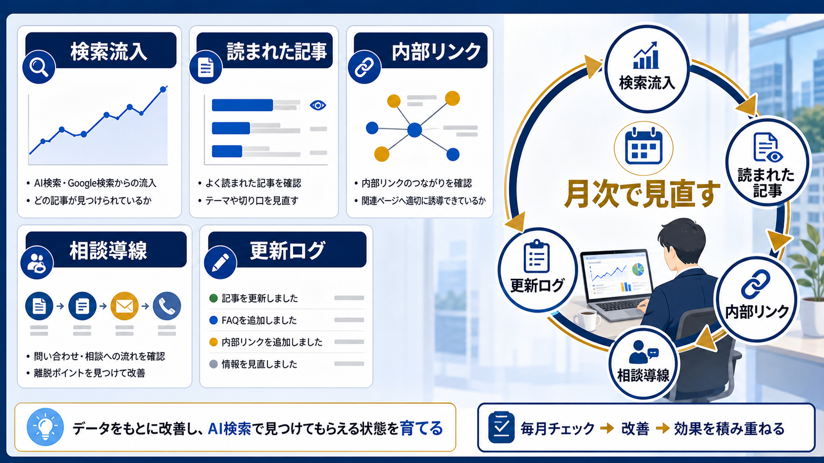検索流入、読まれた記事、内部リンク、相談導線、更新ログを月次で見直す図解