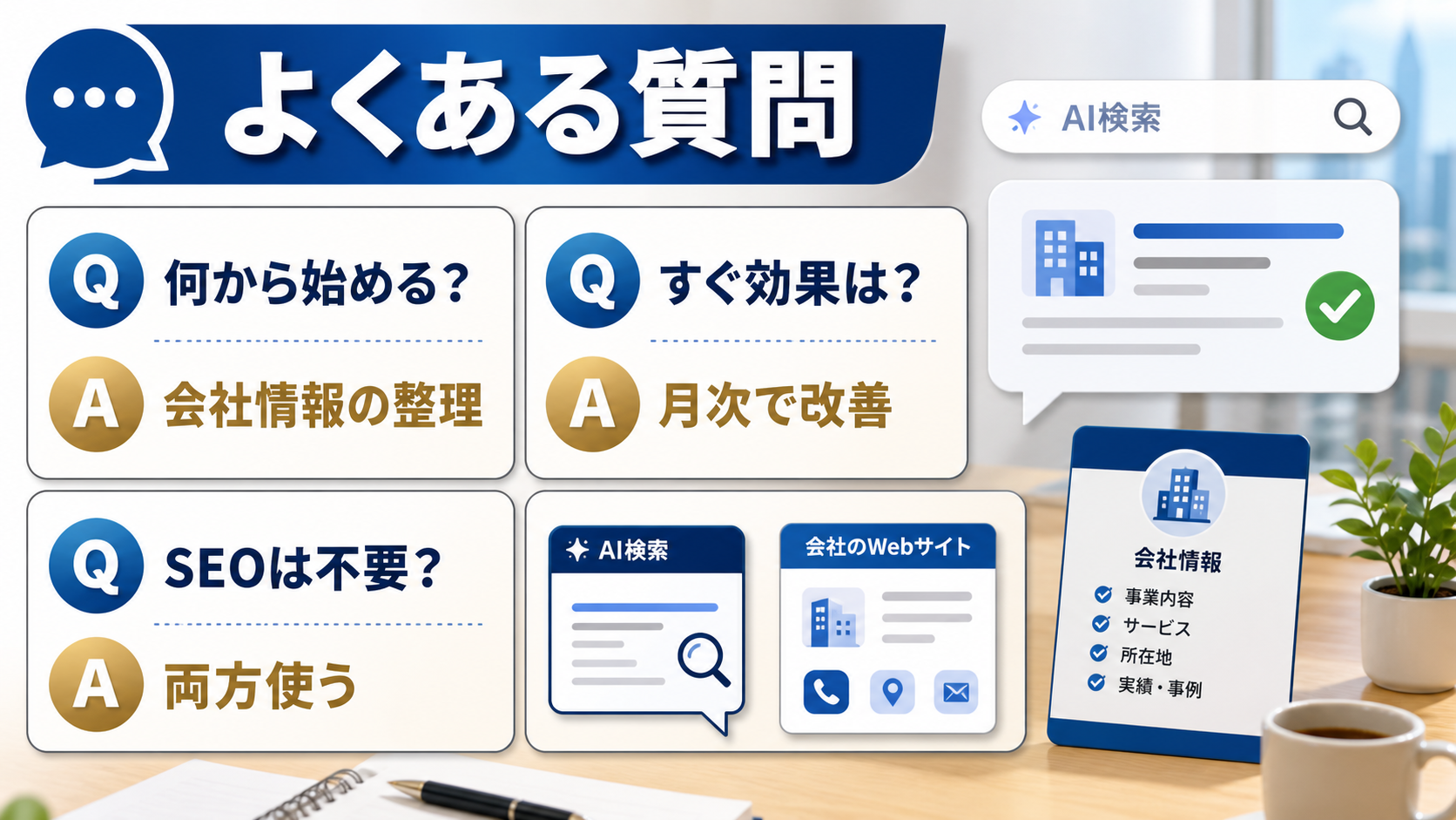 AI検索に会社名を見つけてもらうLLMOについてのよくある質問を整理した図解