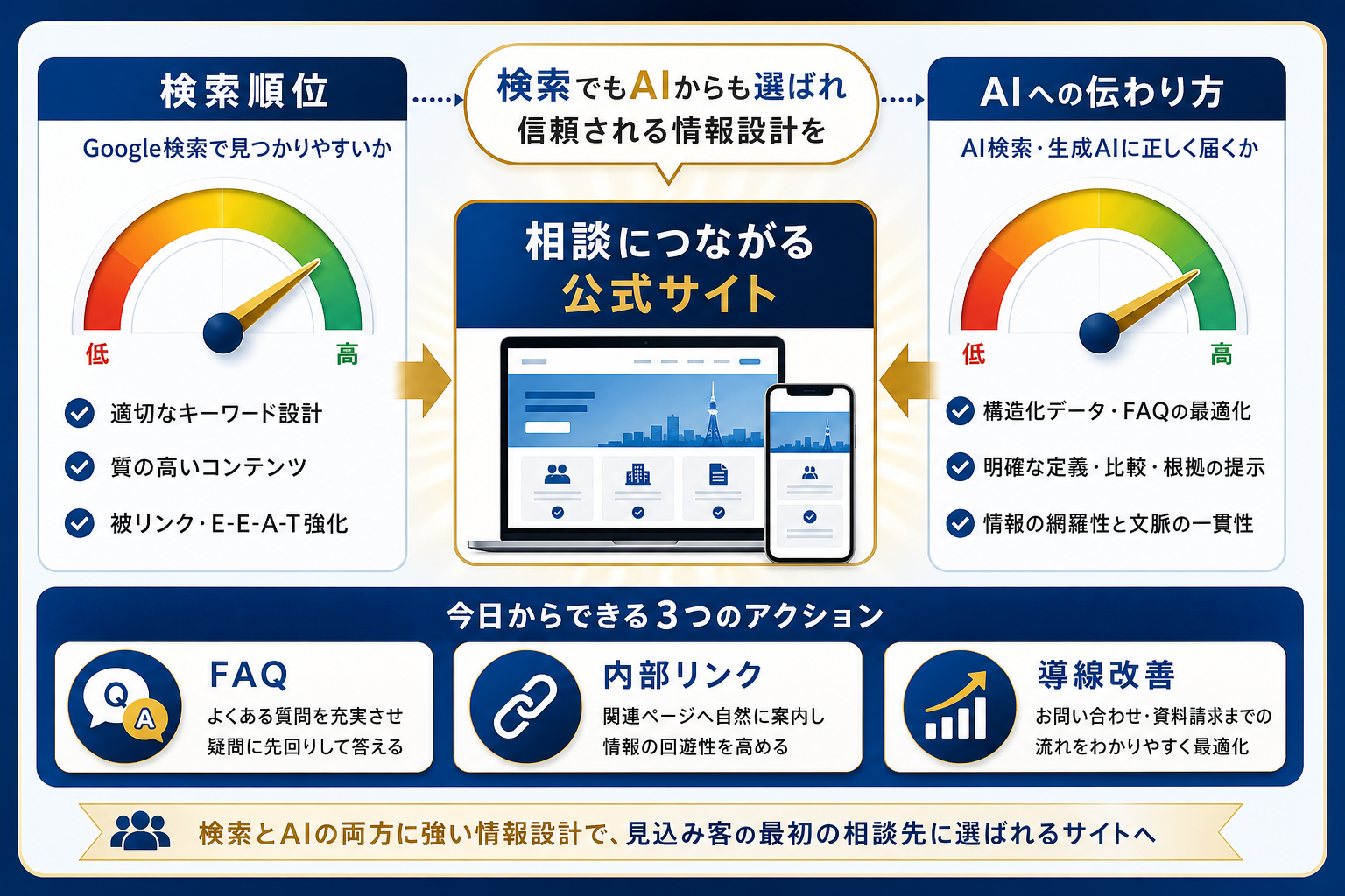 検索順位とAIへの伝わり方を両方見るWeb集客戦略のまとめ図解