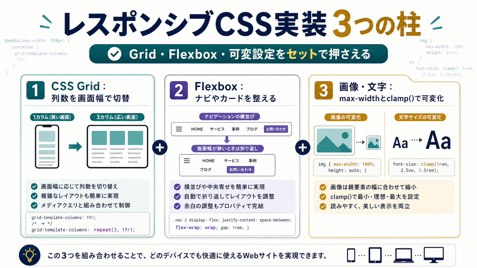 レスポンシブCSS実装 3つの柱