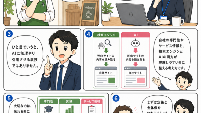 SEO漫画 第1章1ページ目 LLMO/AIOとは何かを漫画で解説し、AI検索時代にWebサイトが情報源として選ばれる仕組みを説明する漫画