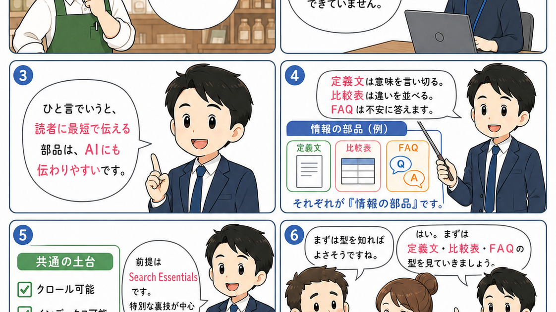 SEO漫画 第4章1ページ目 FAQ・比較表・定義文をAIが引用しやすい情報の部品として設計する漫画
