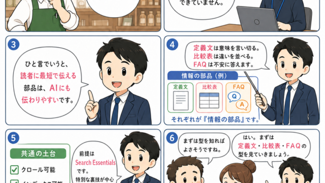 SEO漫画 第4章1ページ目 FAQ・比較表・定義文をAIが引用しやすい情報の部品として設計する漫画