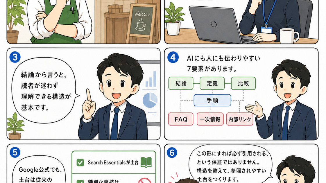 SEO漫画 第3章1ページ目 AI検索に選ばれるページ構造では結論、定義、比較、手順、FAQ、一次情報、内部リンクを整理することが土台だと説明する漫画