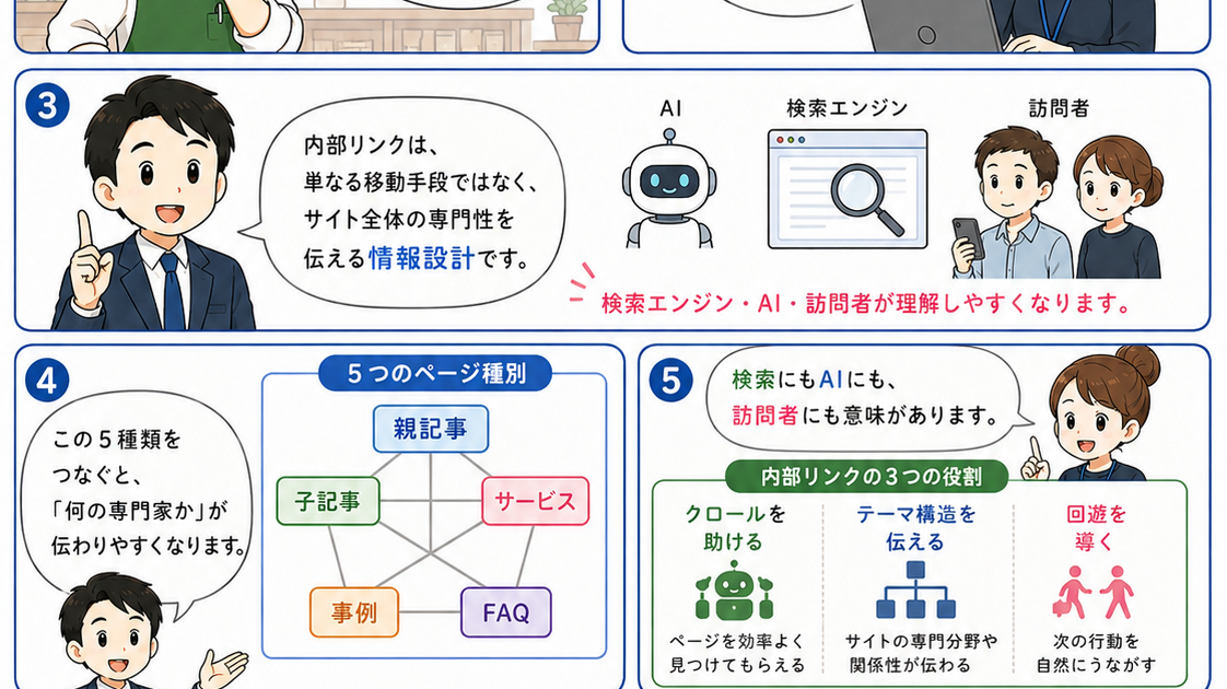 SEO漫画 第5章1ページ目 事例記事からサービスページへの内部リンク導線を漫画で解説し、親記事、子記事、サービスページ、事例、FAQをつないでAcquaのホームページ育成アカデミーのSEOとLLMO設計を理解する漫画