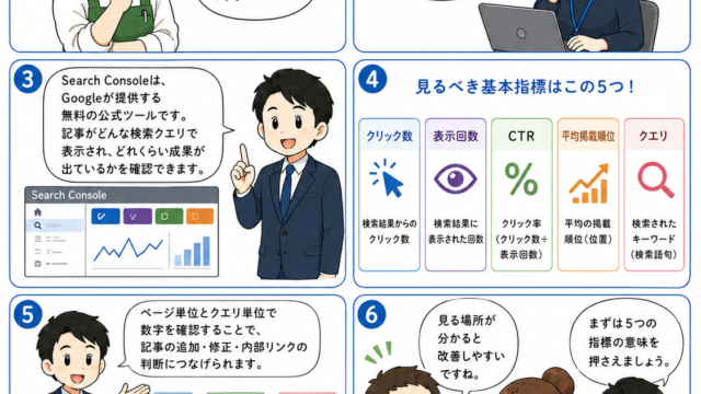 SEO漫画 第7章1ページ目 Search Consoleで見るべき指標を使い、内部リンクの改善候補を数字で点検する考え方を漫画で解説し、記事の追加、修正、内部リンク判断につなげるAcquaのホームページ育成アカデミーのSEO漫画