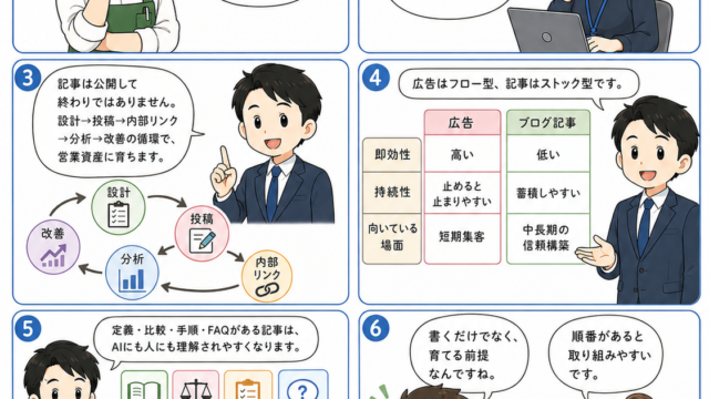 SEO漫画 第6章1ページ目 ブログ記事を公開して終わりにせず資産化する考え方を、広告との違いから理解するAcquaのホームページ育成アカデミーのSEO漫画