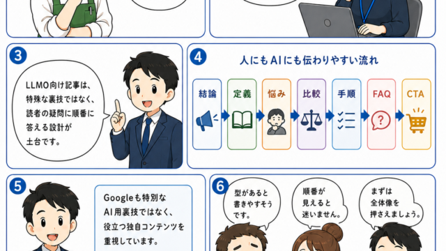 SEO漫画 第8章1ページ目 LLMO向け記事テンプレートの全体像をもとに、画像の構造化データとOGPを記事設計に組み込む考え方を説明するAcquaのホームページ育成アカデミーのSEO漫画