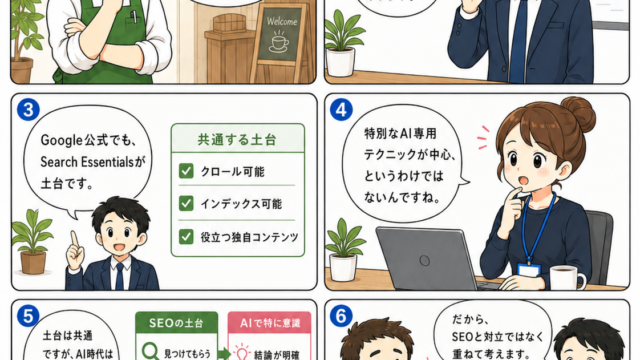 SEO漫画 第1章2ページ目 LLMO・AIO・GEO・SEOの用語を整理し共通する土台を説明する漫画