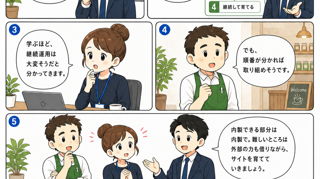 SEO漫画 第1章4ページ目 中小企業がLLMOを裏技ではなく良質なSEOの延長として理解する漫画