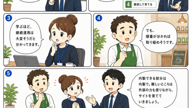 SEO漫画 第1章4ページ目 中小企業がLLMOを裏技ではなく良質なSEOの延長として理解する漫画