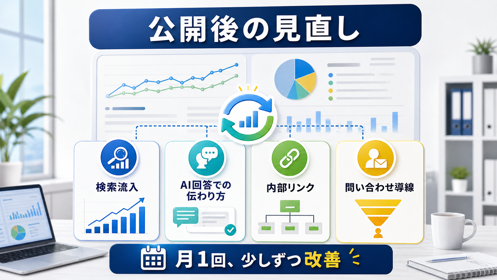 公開後の検索流入、AI回答、内部リンク、問い合わせ導線を見直す図解