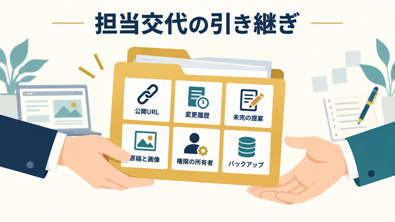 担当交代で公開URL、変更履歴、未完提案、原稿と画像、権限、バックアップを引き継ぐ