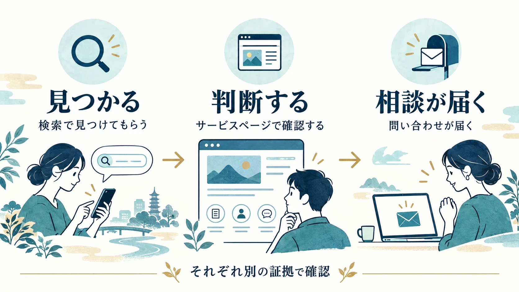 「SEOだけでは足りない」と感じたら、どこで止まっているか分けるの確認項目と関係を示す図