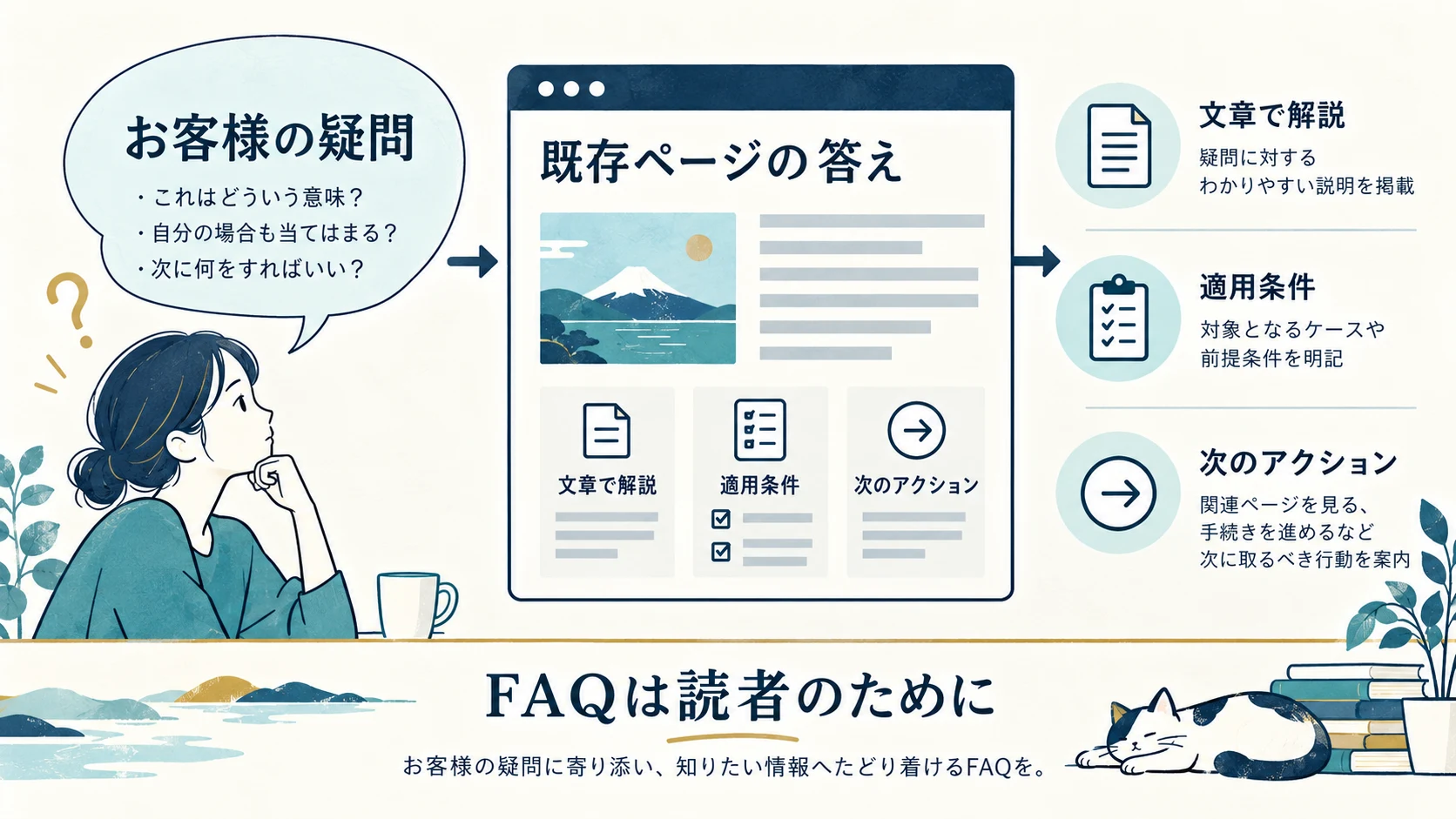 顧客の質問を、既存ページで答えられる形にするの確認項目と関係を示す図