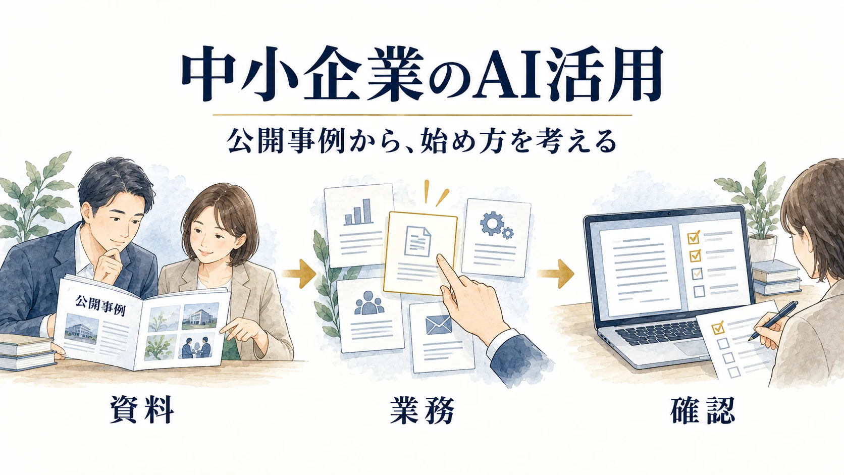 公開事例を読み、業務の資料と人の確認を組み合わせてAI活用を検討するイラスト。