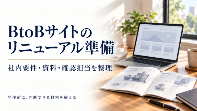BtoBサイトのリニューアル準備。社内要件・資料・確認担当を整理し、発注前に判断できる材料を揃える。