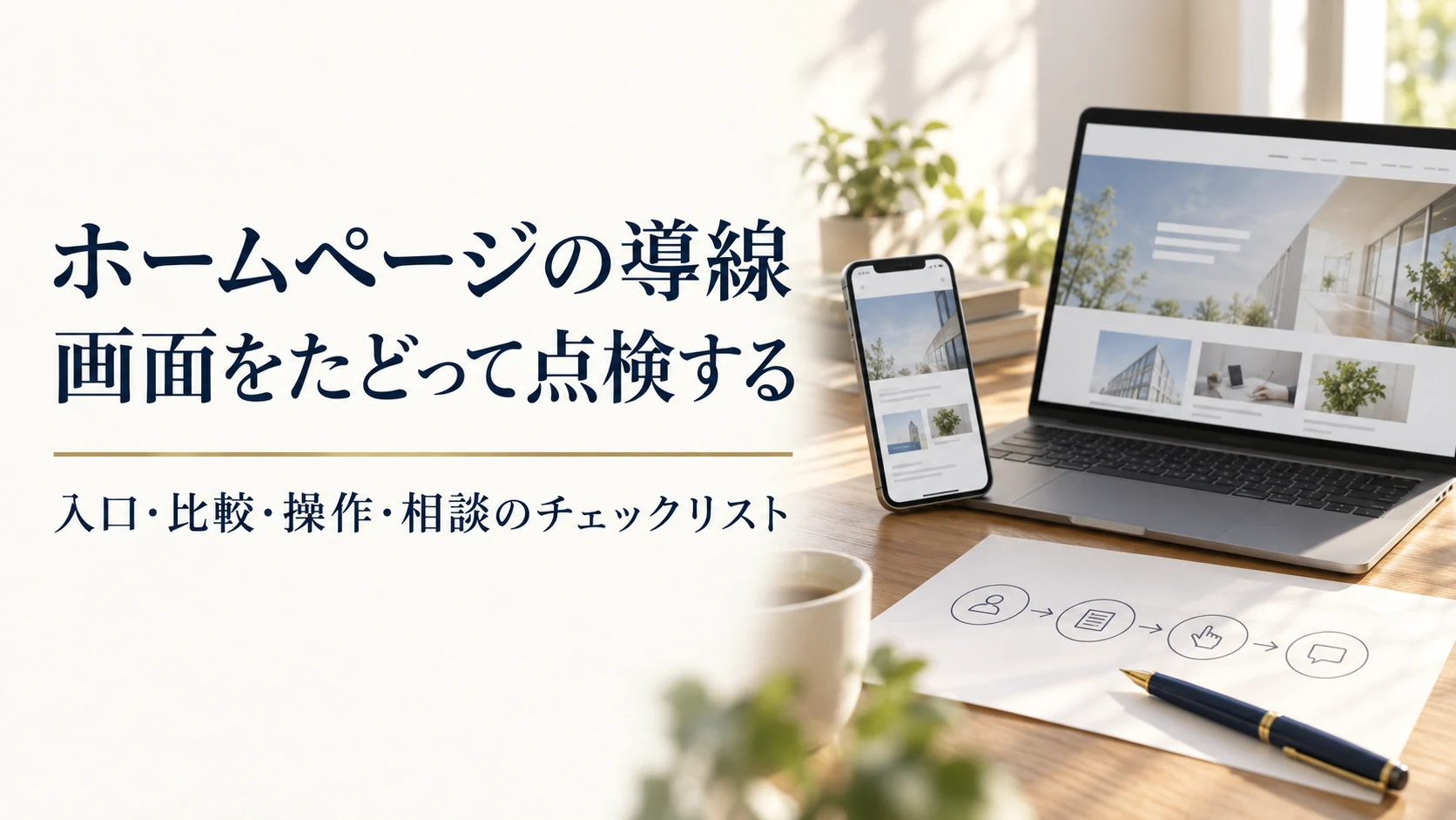 ホームページの導線。画面をたどって点検する。入口・比較・操作・相談のチェックリスト。