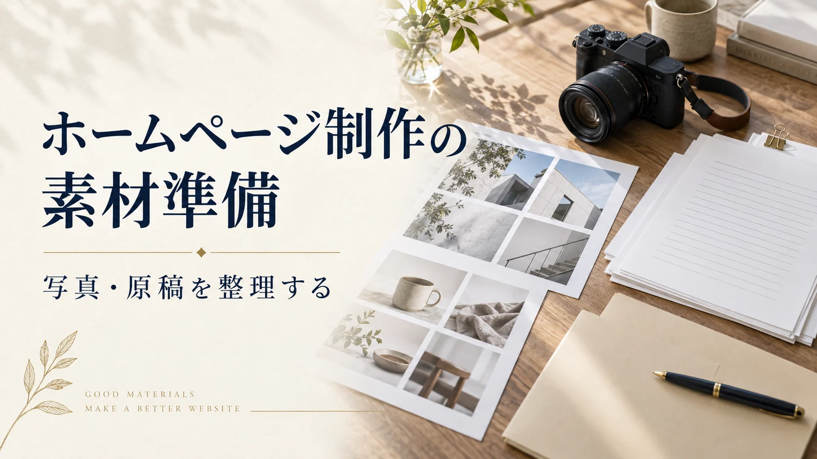 ホームページ制作の素材準備。写真・原稿を整理して、制作を進める。