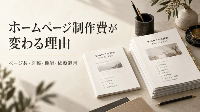 ホームページ制作費が変わる理由。ページ数・原稿・機能・依頼範囲。異なる厚さの企画書を並べた説明用イメージ。