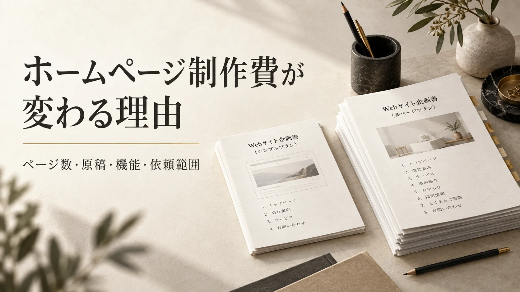 ホームページ制作費が変わる理由。ページ数・原稿・機能・依頼範囲。異なる厚さの企画書を並べた説明用イメージ。