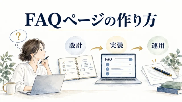 質問を探す人と、回答のあるWebページ、更新用の原稿をつなぐFAQページ設計のイラスト。