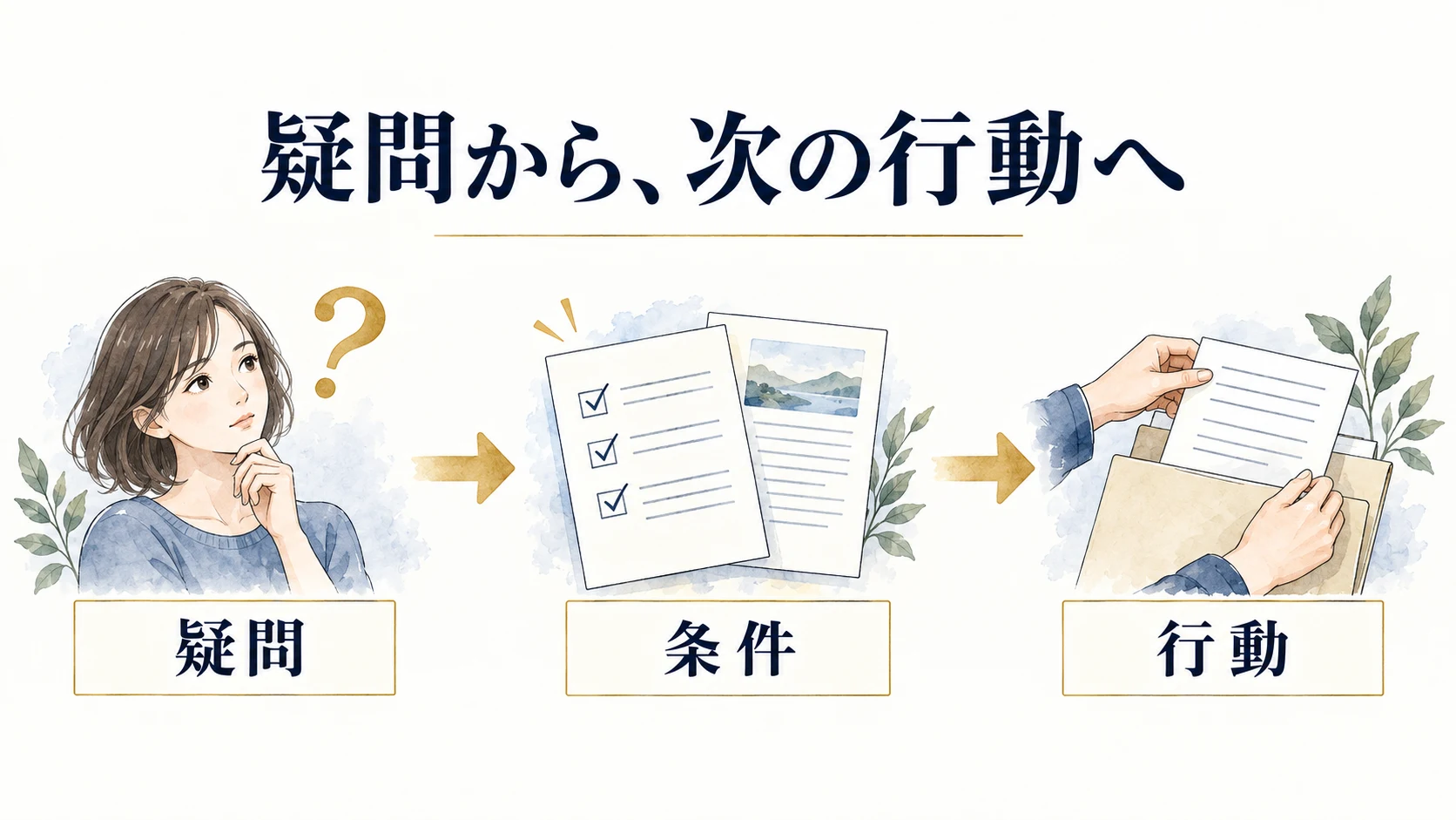 疑問を持つ人が回答の条件を確認し、準備や相談の次の行動へ進む図。