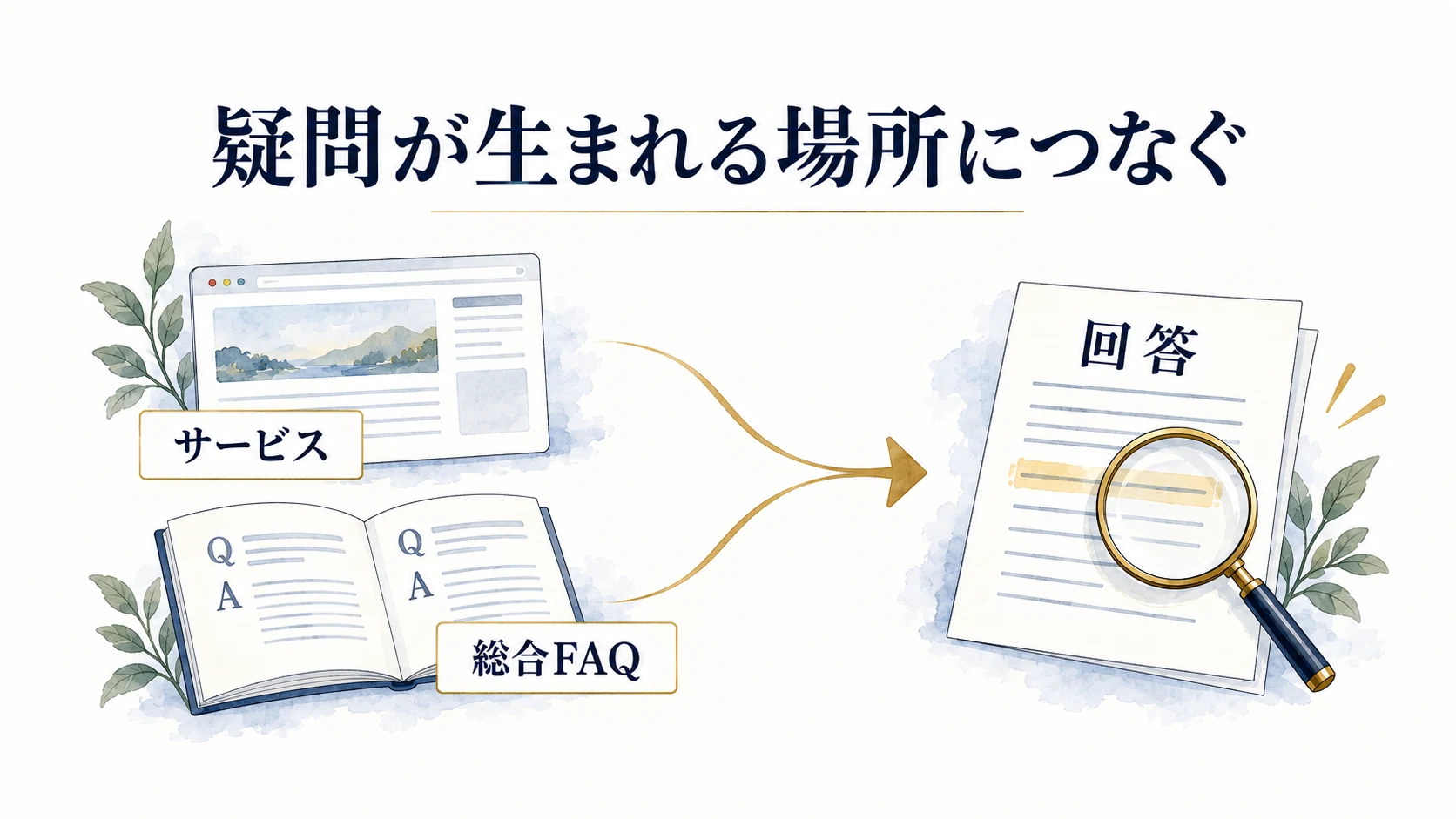 サービスの案内と総合FAQから、内容の合う回答へつながる導線の図。