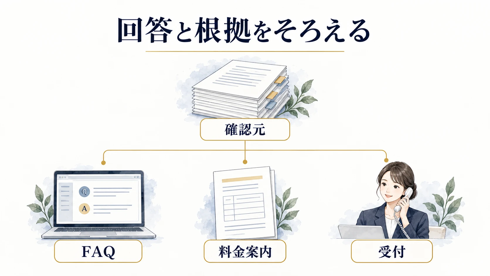 確認した資料をもとに、FAQ、料金案内、受付担当の説明をそろえる図。