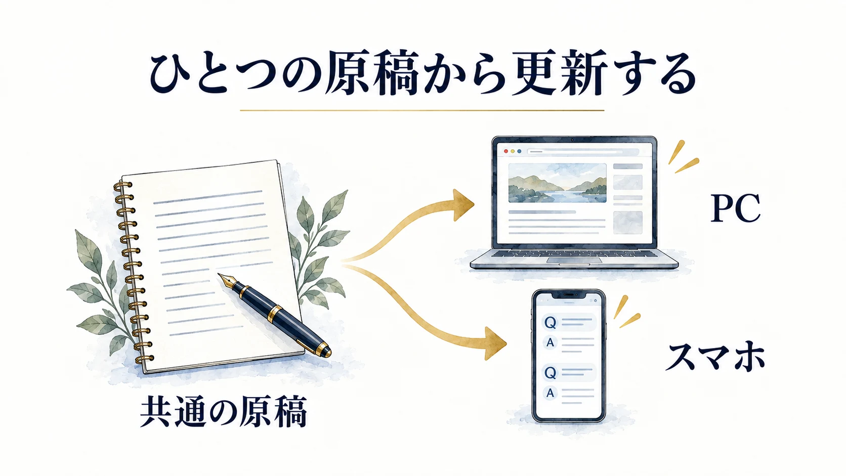 CMSの質問と回答を共通の元にして複数の表示先へ反映する図。