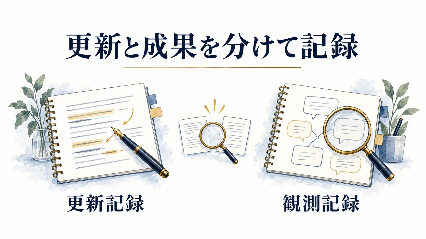 原稿の変更記録と、閲覧や相談の観測記録を別々に保管して照合する図。