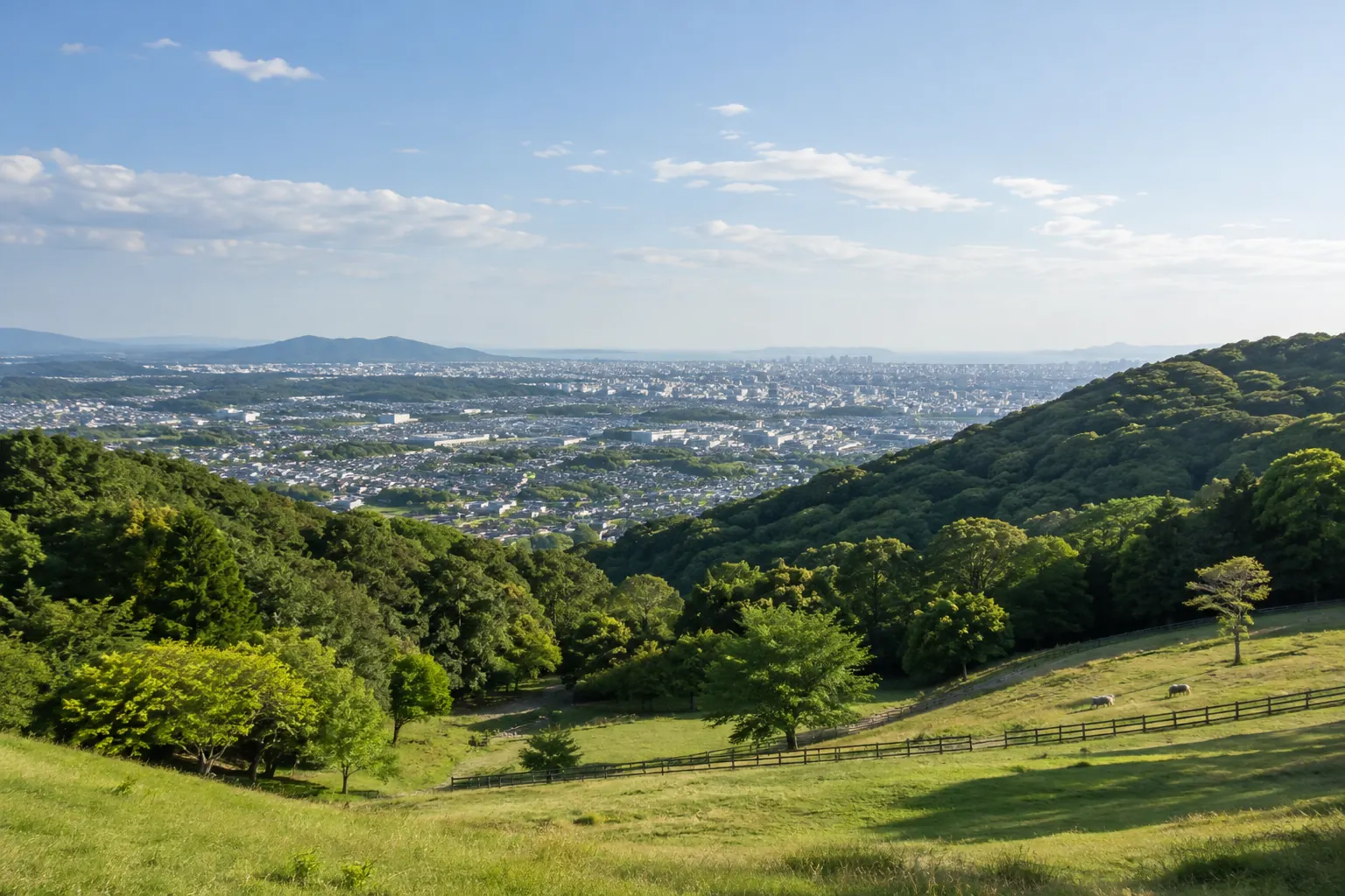 福岡市南区・油山方面の緑と市街地をイメージした生成画像