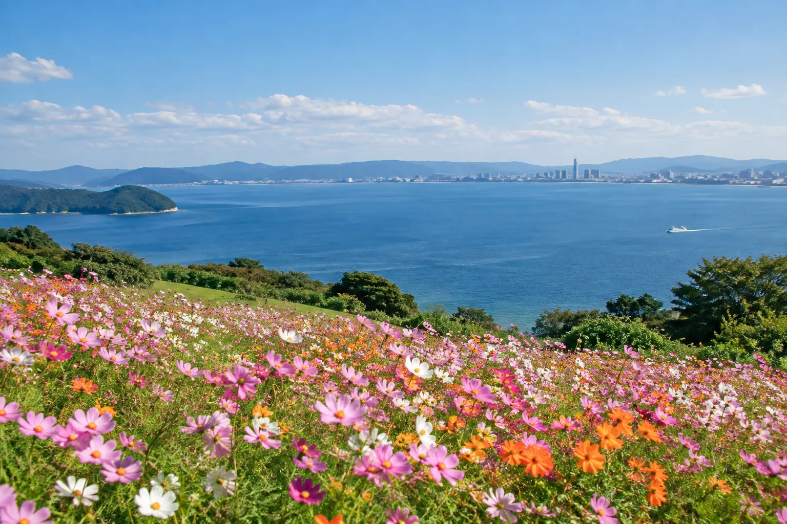 福岡市西区・能古島の花と博多湾をイメージした生成画像