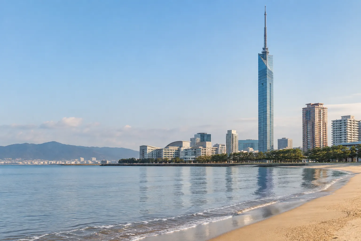 福岡市早良区・百道浜の海辺と福岡タワーをイメージした生成画像