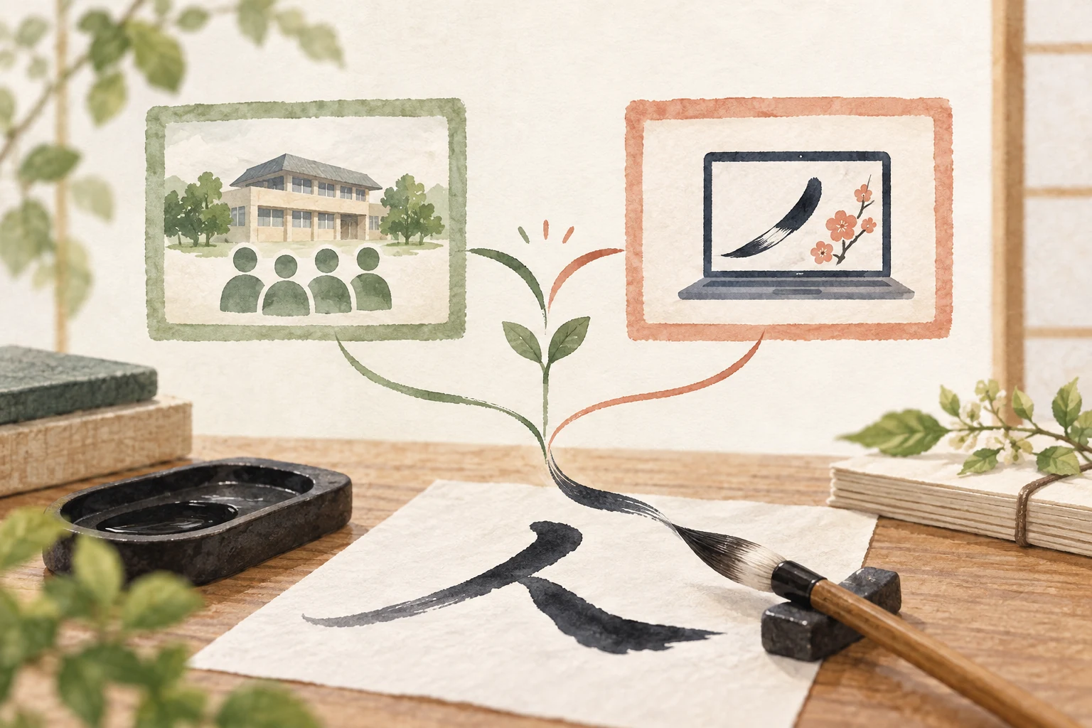 書道の筆と、市の学習情報と私設教室サイトという二つの案内経路を示す生成イラスト