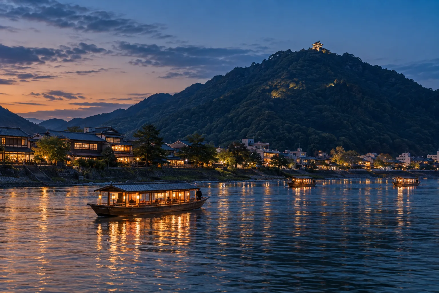長良川の船と金華山の夕景をイメージした生成画像