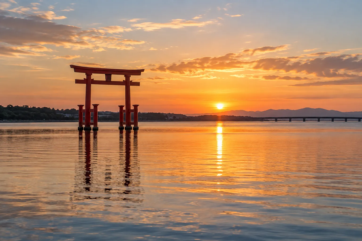 浜松市の浜名湖・弁天島の赤鳥居を思わせる生成画像