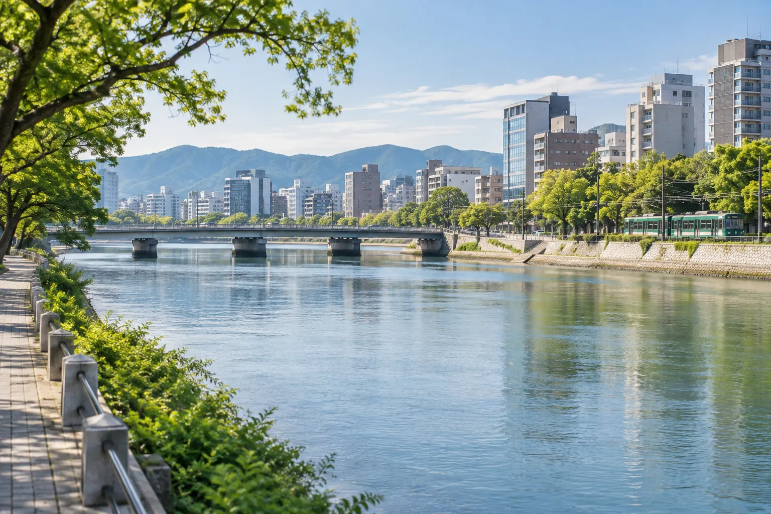 広島市の川沿いの緑と市街地を思わせる生成画像