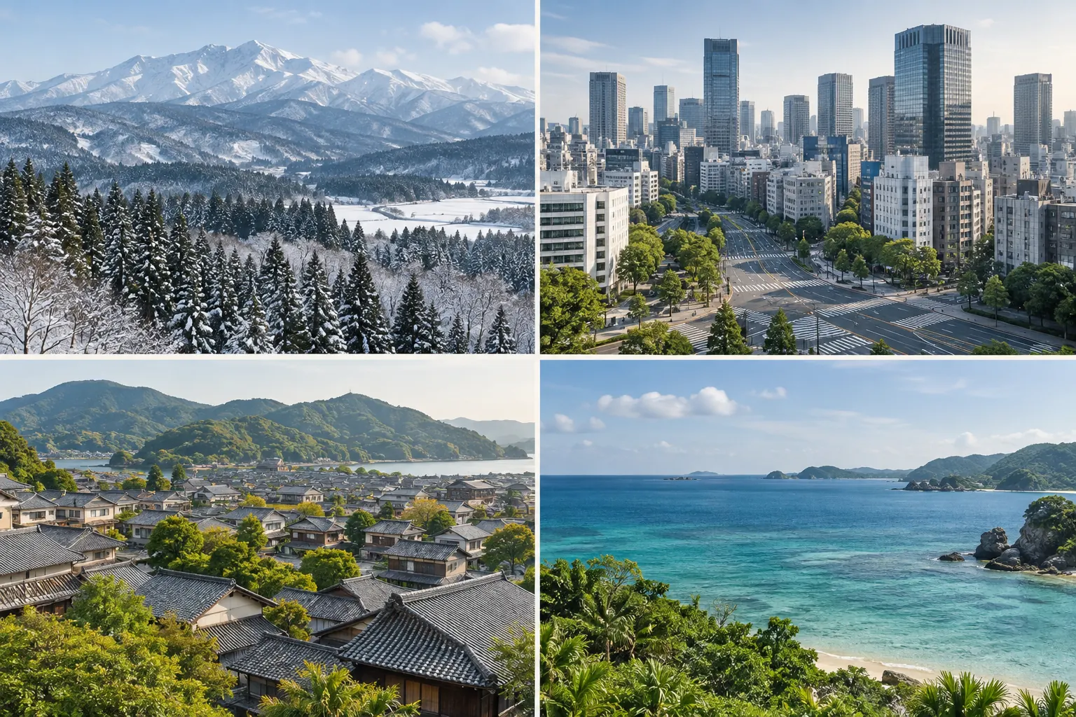 日本各地の山・都市・町・海を組み合わせた生成画像