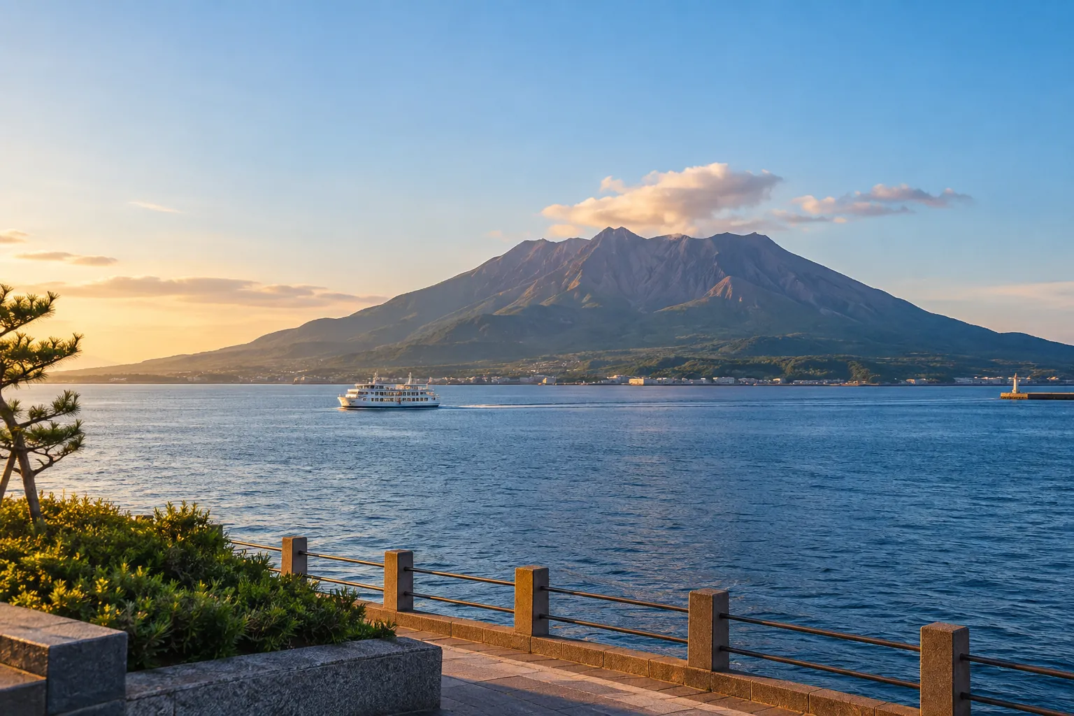 鹿児島市の桜島と錦江湾のフェリーをイメージした生成画像