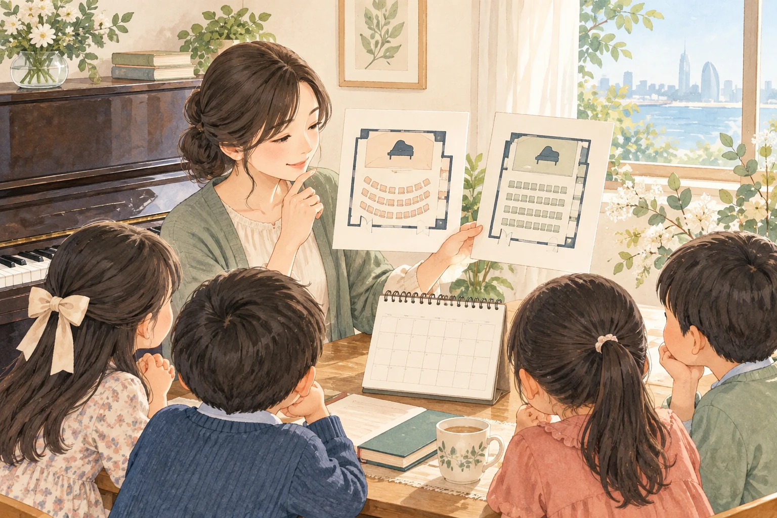 ピアノ教室の先生が小規模な発表会の会場条件を確認する生成イラスト