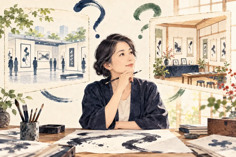 書道教室の先生が区民作品展と教室独自の展示を区別して考える生成イラスト