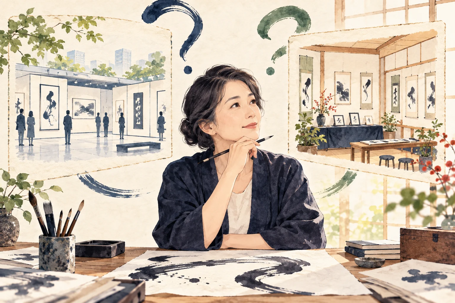 書道教室の先生が区民作品展と教室独自の展示を区別して考える生成イラスト