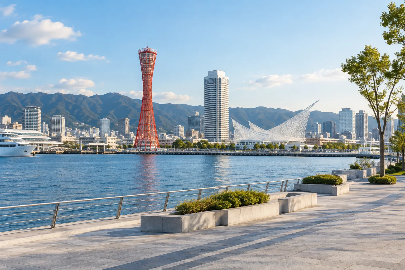 神戸市のメリケンパークと港の景観を思わせる生成画像