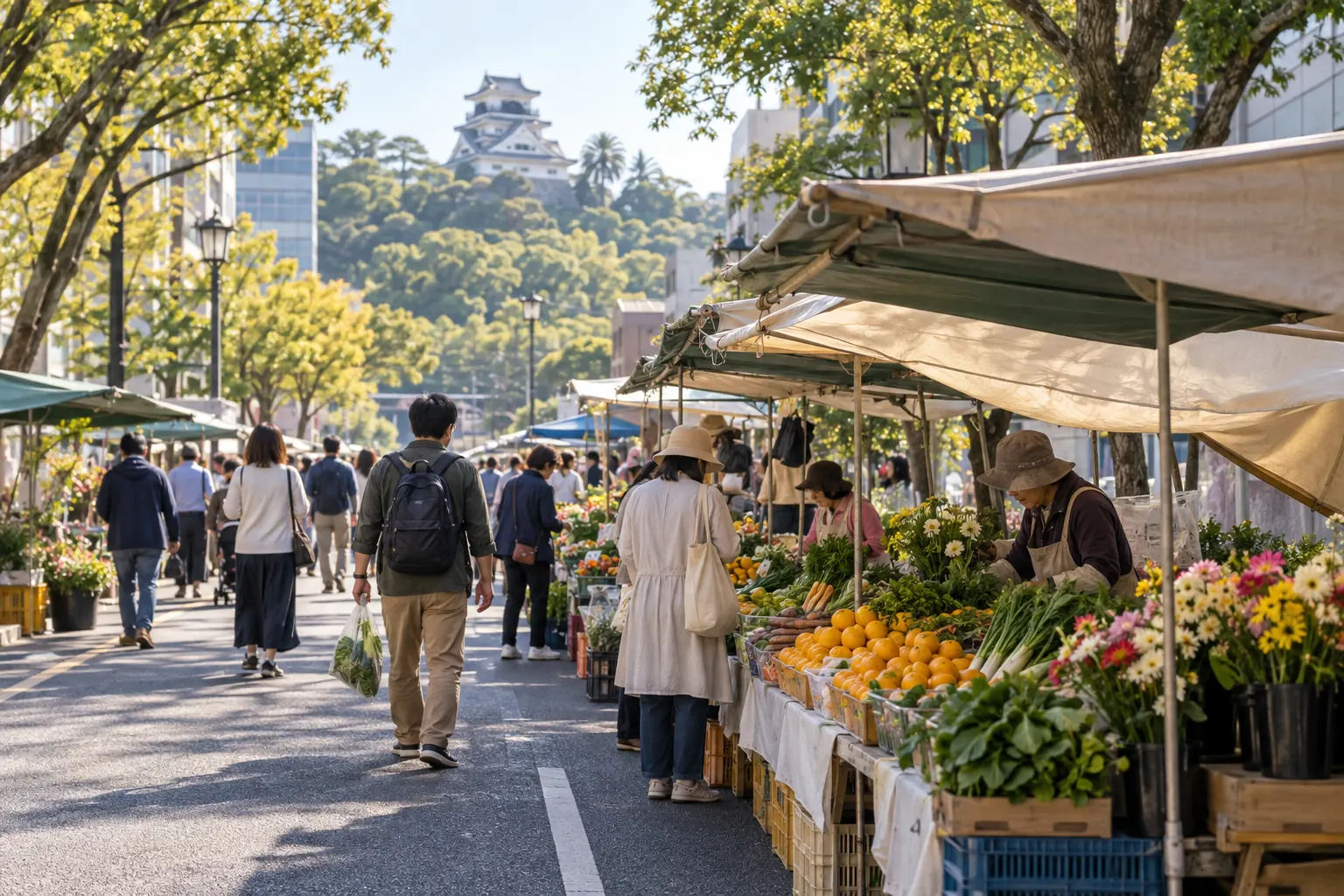 高知市の日曜市と高知城周辺をイメージした生成画像