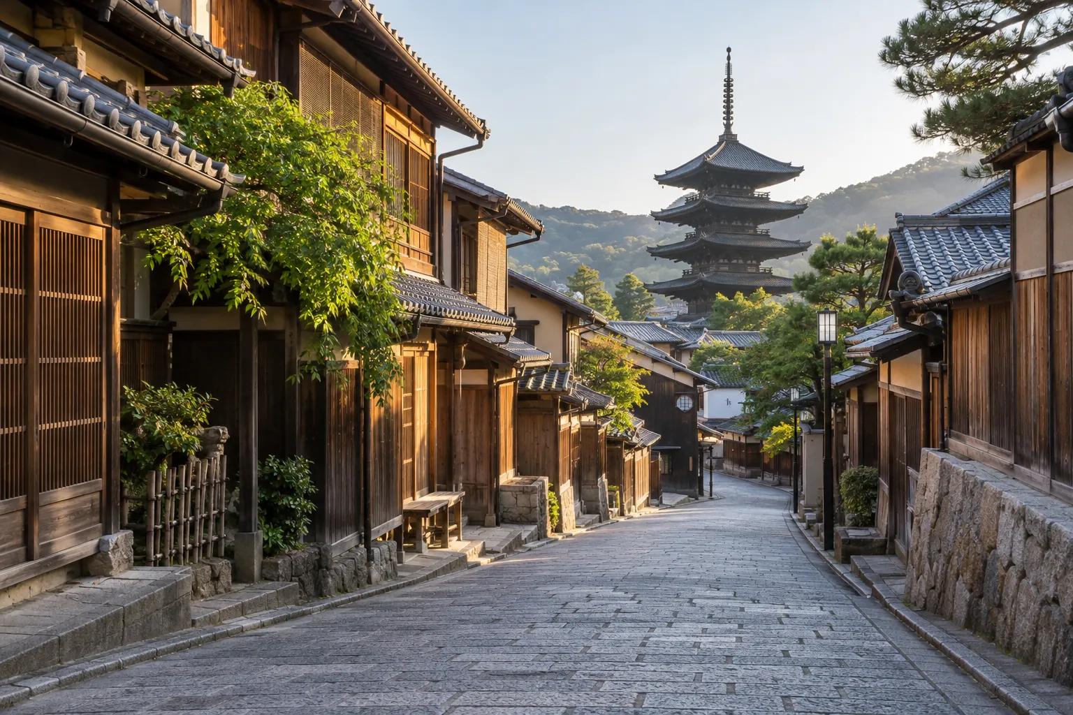 京都市東山の石畳と町家の街並みを思わせる生成画像