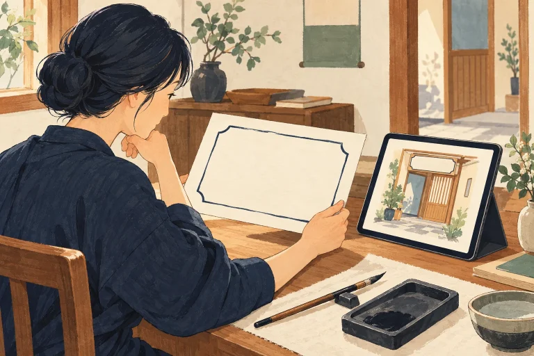 京都の書道教室の看板準備の準備を表す生成イラスト