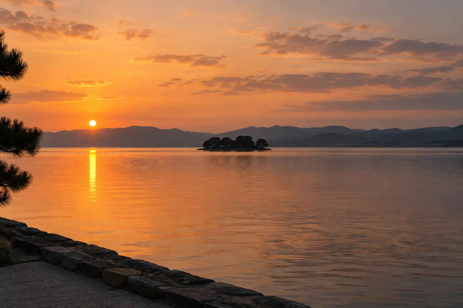 松江市の宍道湖の夕日と湖上の島をイメージした生成画像